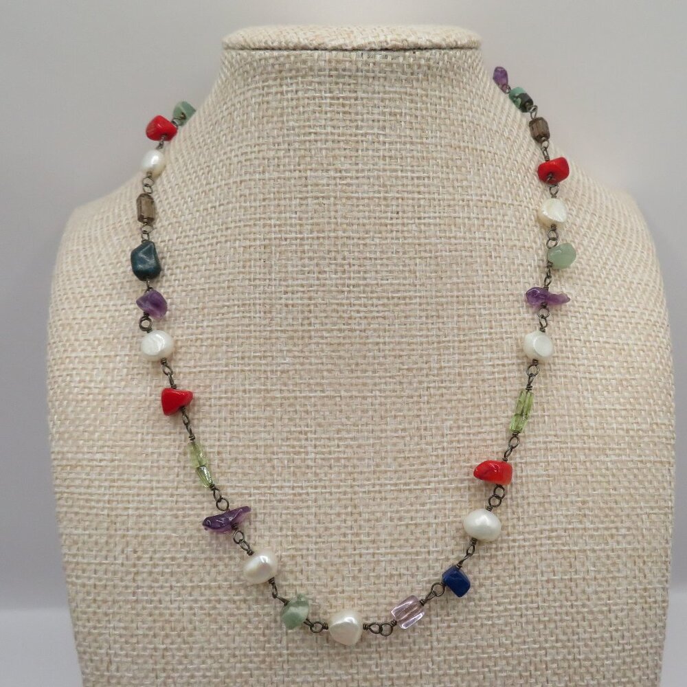 Silver Tone Multi Stone Turquoise Pearl Lapis Necklace